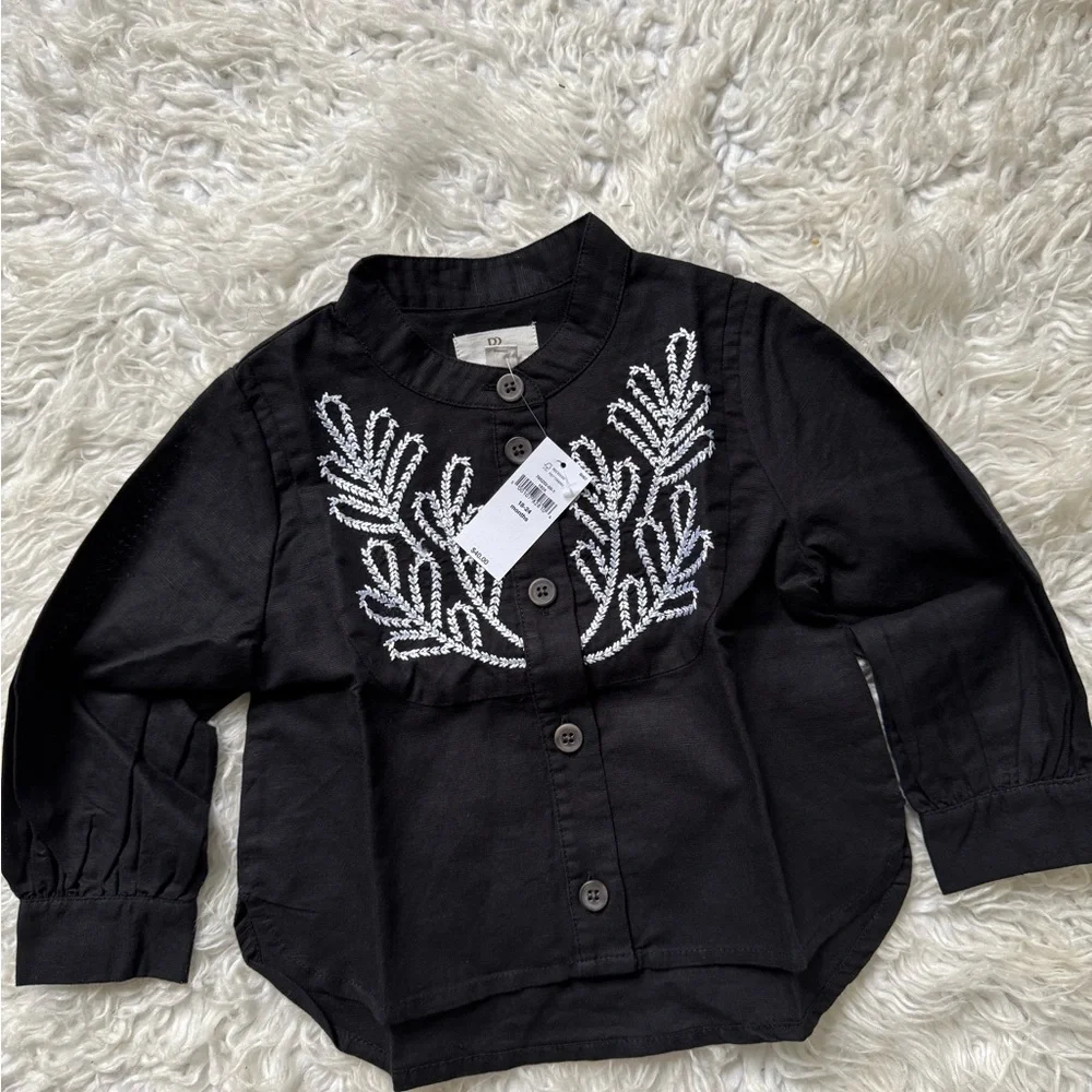 Black Button-Up Shirt with White Embroidery